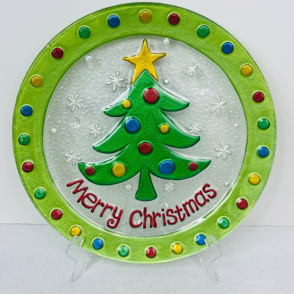 Unbranded Decorative Plate OS Green Merry Christmas Tree Glass Textured Exc